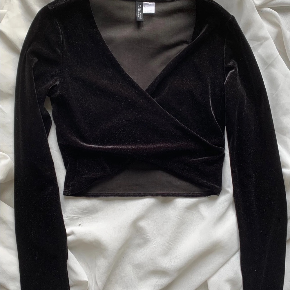 Divided Black Velvet Long Sleeve Wrap Top